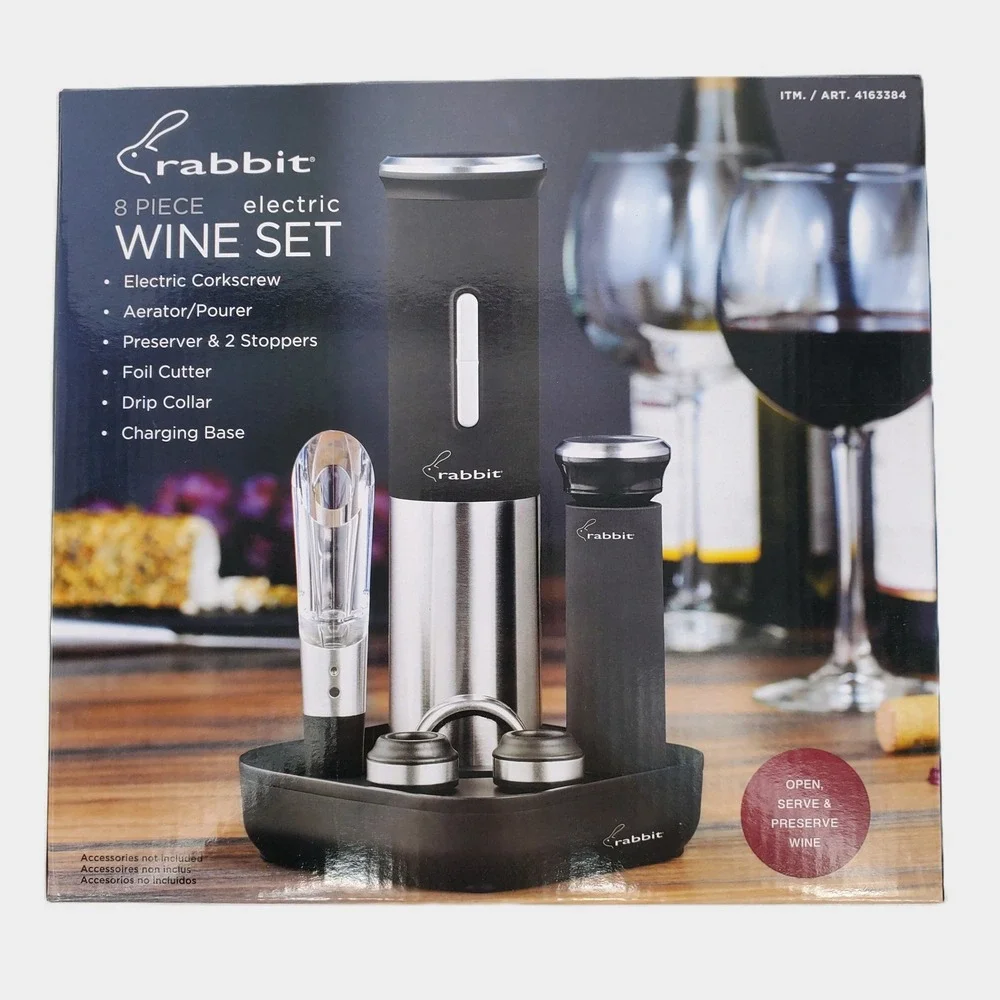 Rabbit 8 Piece Electric Wine Set Black Silver 5281028 Rechargeable Corkscrew New